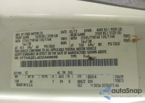 2013 Ford E-250 Commercial из США, поврежденный, VIN 1FTNS2EL4DDA68699